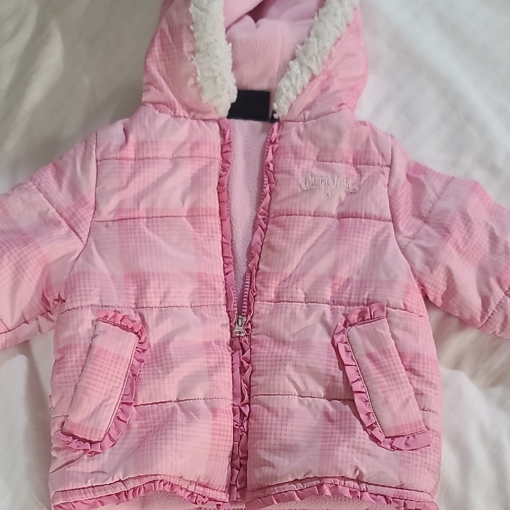 Pink Hooded Puffer Jacket with Ruffle Trim